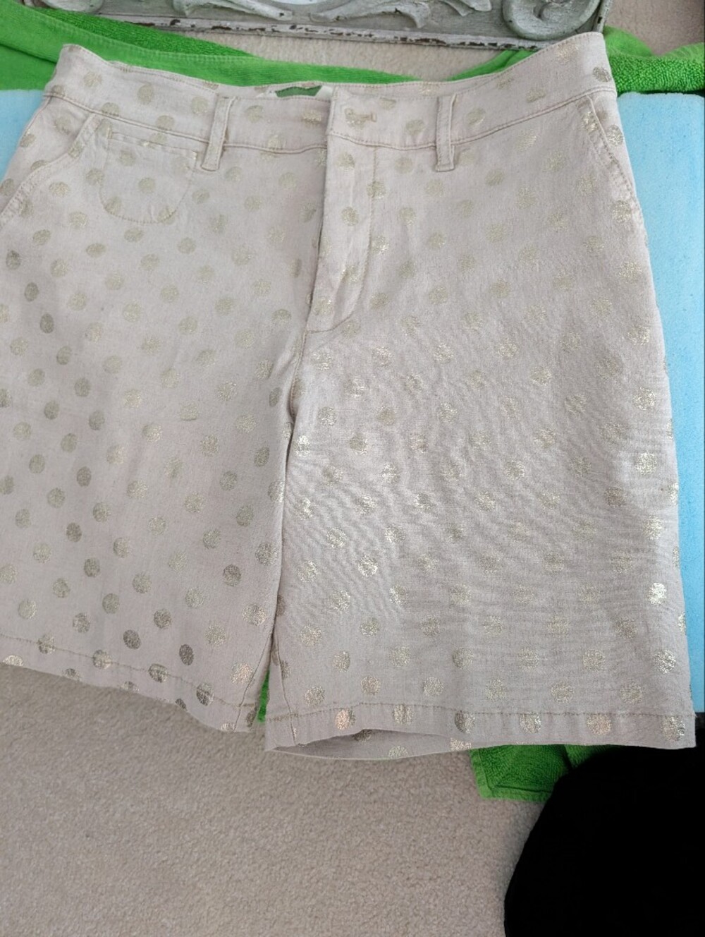 Anthropologie Khaki Shorts with Gold Polka Dots